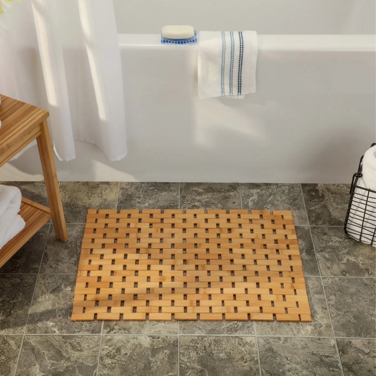 Bamboo Bath Mat |Off- White Wooden Bath & Shower Mat Creates Spa-Like Experience (Easy to Roll Up, Eco-Friendly, 24.75” X 16.5”)