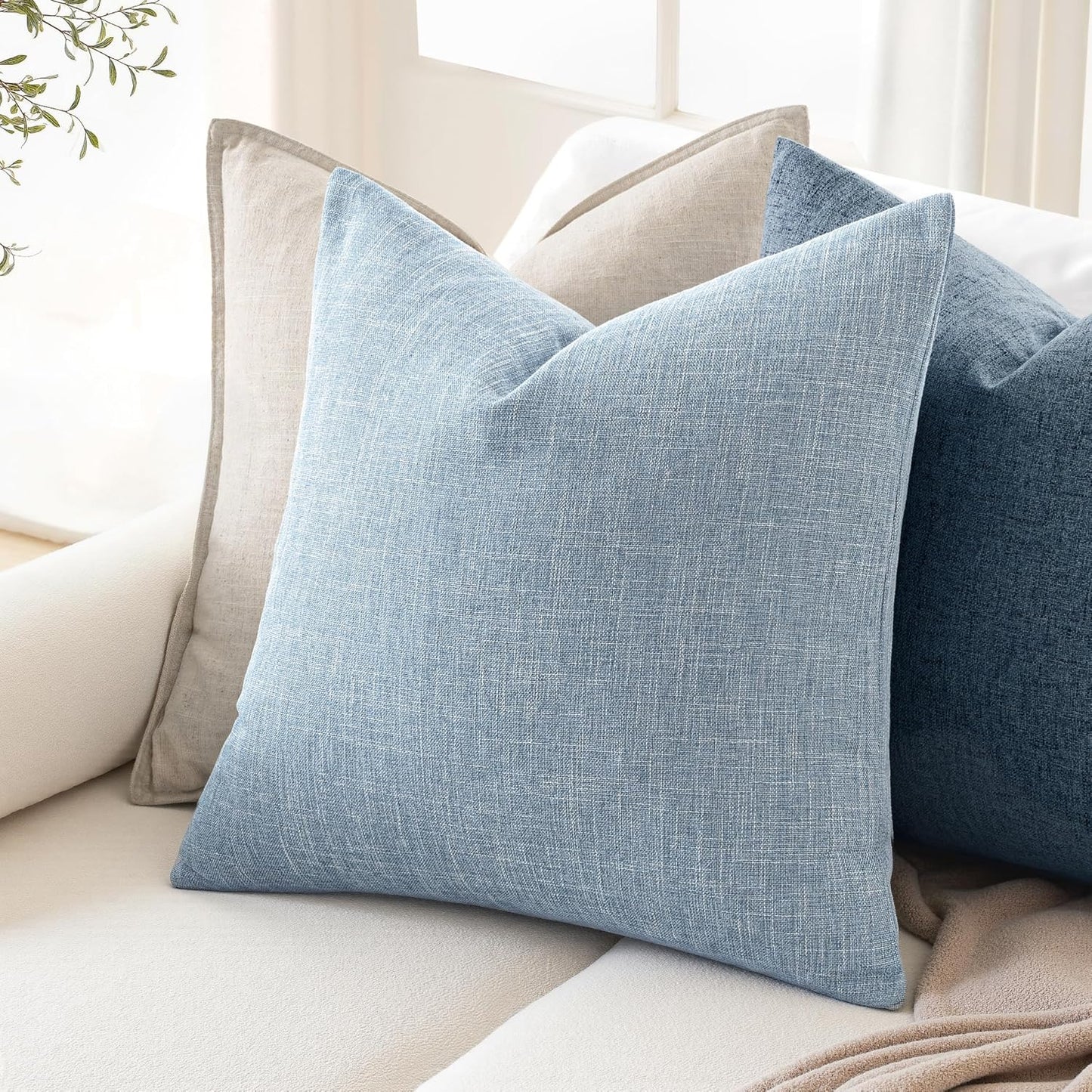 Pack of 2 Decorative Linen Burlap Coastal Pillow Covers Farmhouse Boho Accent Pillowcases for Sofa Car Couch Bedroom Living Room Home Decor 18X18 Inch Light Blue