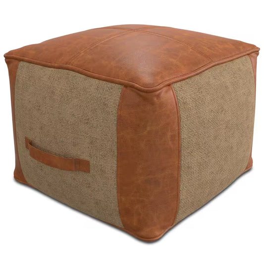 Atkinson Boho Tan Genuine Leather Square Pouf