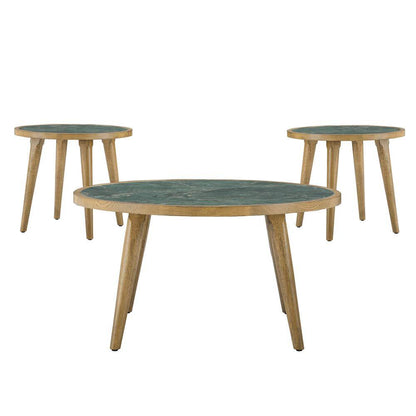 Novato 34 In. round Green Stone Top Coffee Table and 2-End Tables (3-Piece)