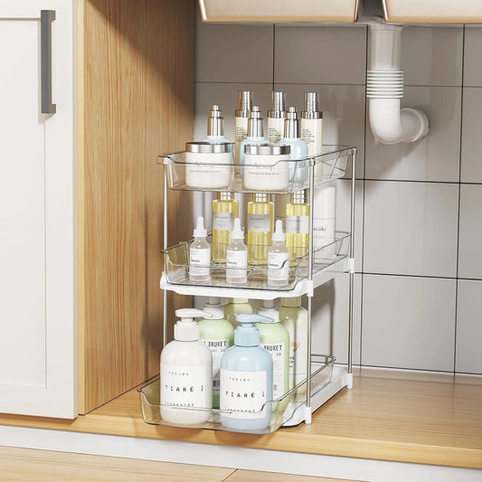 3-Tier Multi-Purpose Bathroom under Sink Organizers and Storage, Stackable Clear Pantry Organization and Storage, Pull Out Kitchen Cabinet Organizer with Movable Dividers