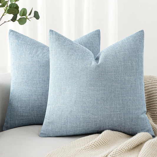 Pack of 2 Decorative Linen Burlap Coastal Pillow Covers Farmhouse Boho Accent Pillowcases for Sofa Car Couch Bedroom Living Room Home Decor 18X18 Inch Light Blue