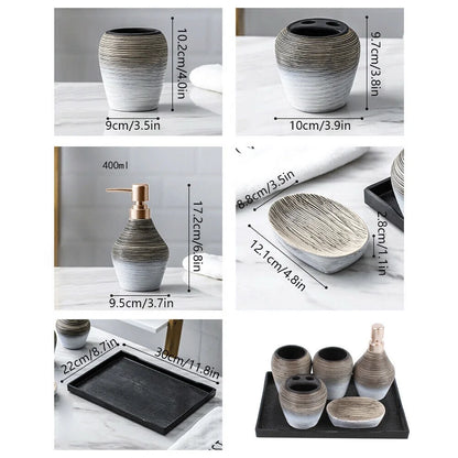 Bathroom Accessory Set 6 Pcs Retro Ceramics Bathroom Vanity Countertop Accessory Set Bathroom Decor Accessories with Soap Dispenser Toothbrush Holder Soap Dish Gargle Cup Tray