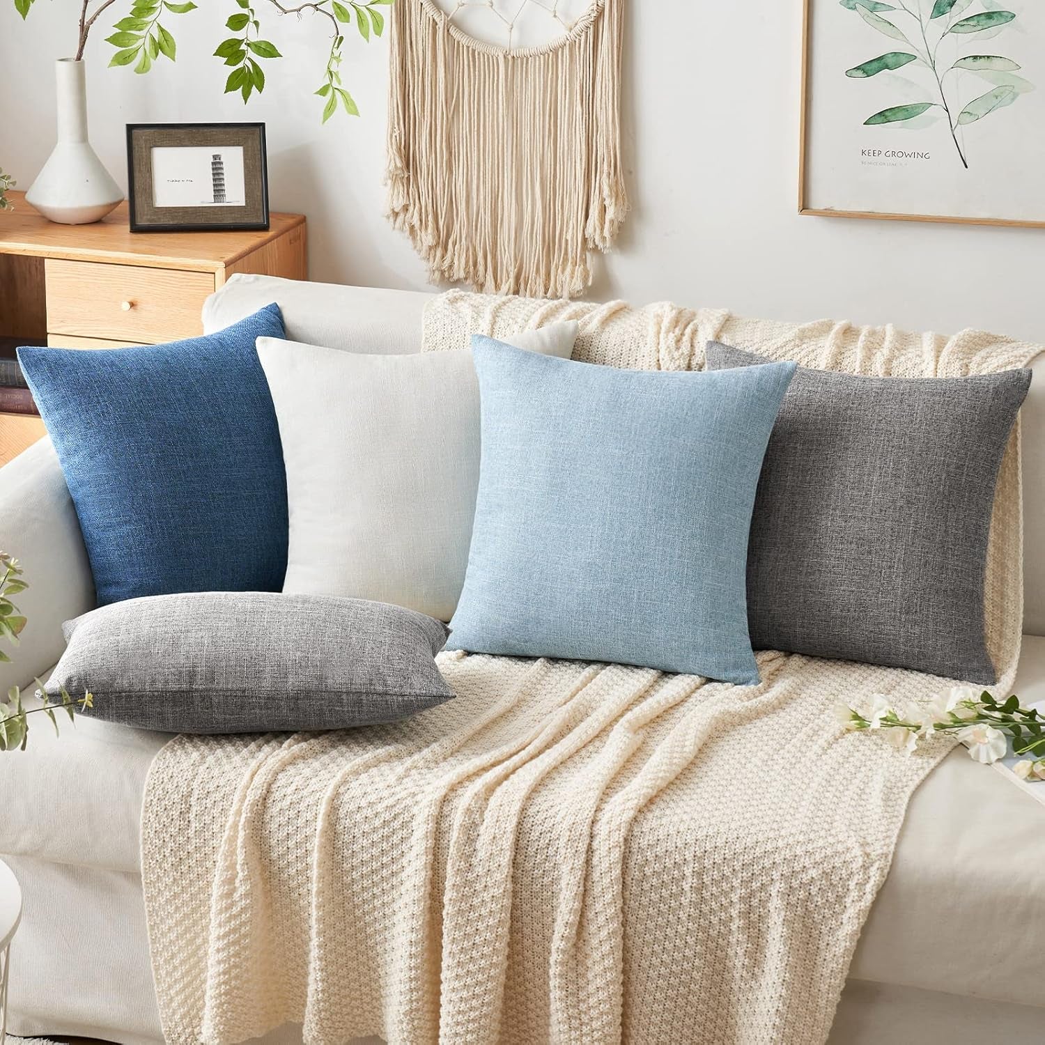 Pack of 2 Decorative Linen Burlap Coastal Pillow Covers Farmhouse Boho Accent Pillowcases for Sofa Car Couch Bedroom Living Room Home Decor 18X18 Inch Light Blue