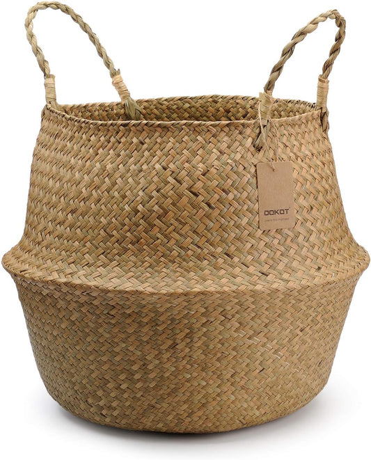 Seagrass Plant Basket with Handles, round Storage Wicker Basket (10.6Inch Diameter X 12.5Inch Height, Natural)