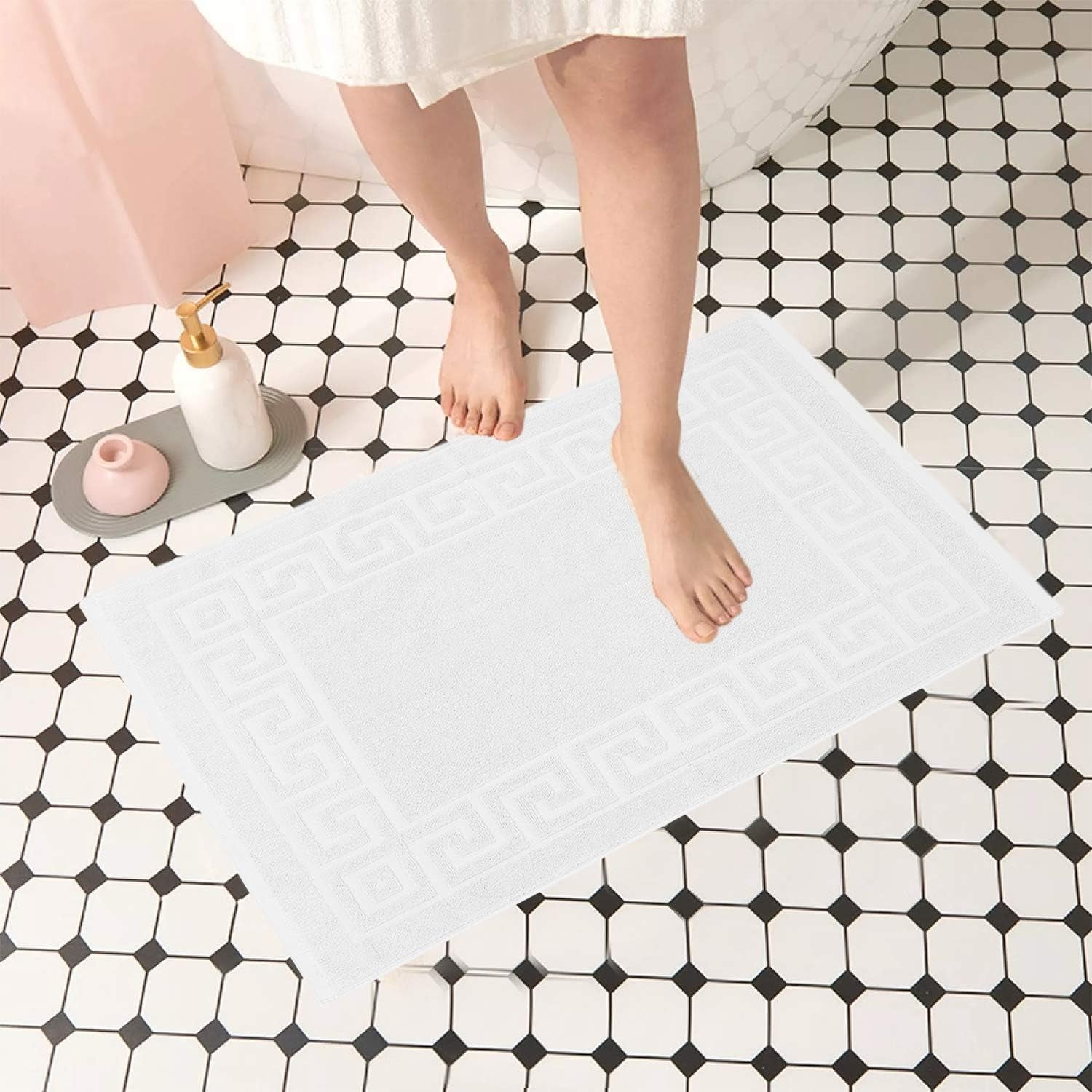 Greek Bath Mat - White, 100% Ring Spun Cotton, Pack of 2, 20X32 Inches, 800 GSM, Non-Slip, Absorbent, Quick Drying, Machine Washable Bathroom Floor Mats for Shower, Kitchen & Bath