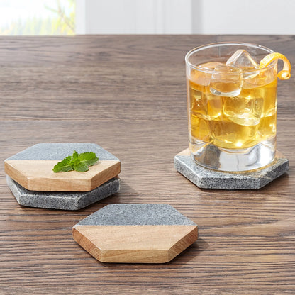 4-Piece Wood and Stone Coaster Set