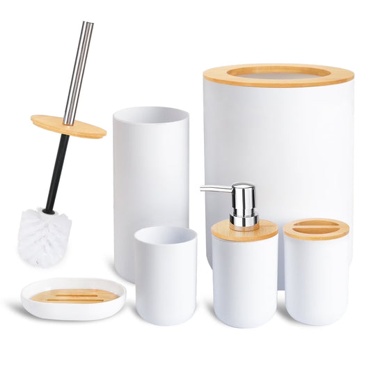 6-Piece Bamboo Bathroom Accessory Set, Modern White