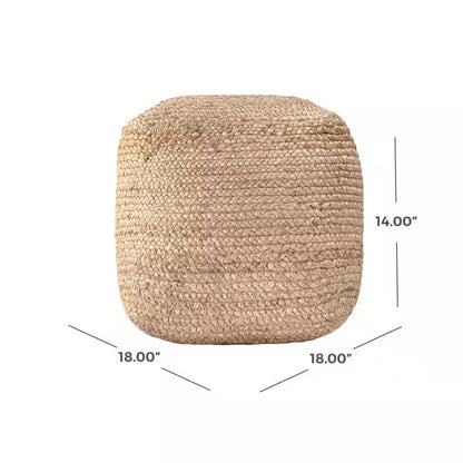 Cork Braided Solid Jute Filled Ottoman Natural Square Pouf