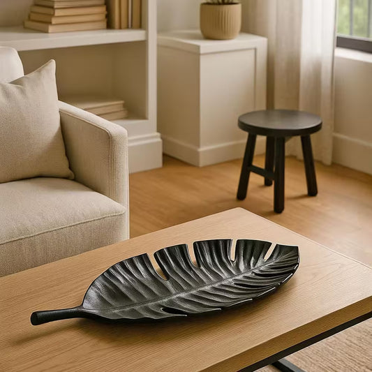 23 In. Aluminum Metal Leaf Decorative Black Tray
