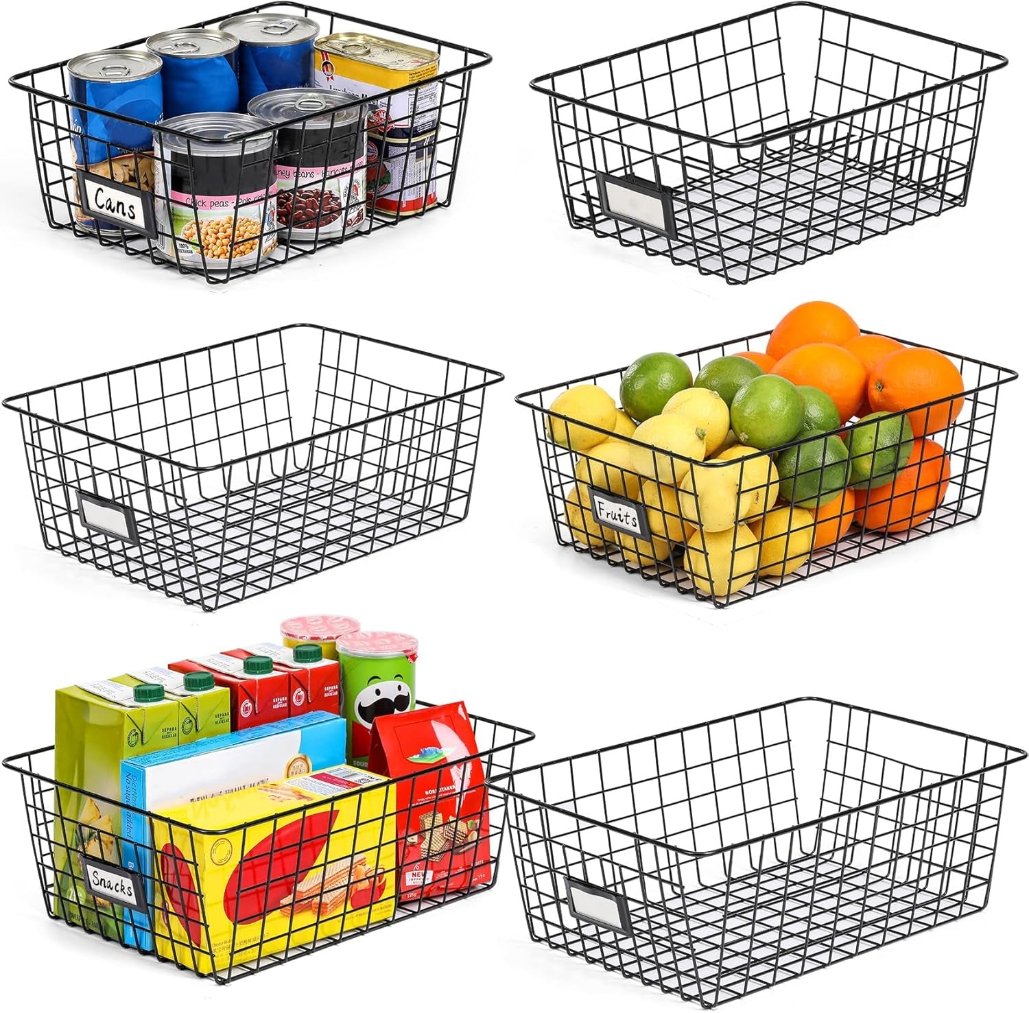 6 Pack Wire Baskets for Pantry Organization and Storage, Kitchen Organizer, 2 Xxlarge & 2 Xlarge & 2 Large