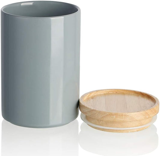 Kitchen Canisters Ceramic Food Storage Jar, Stackable Containers with Airtight Seal Wooden Lid for Serving Ground Coffee, Tea, Sugar, Salt and More - 28 Fl Oz (Gray)