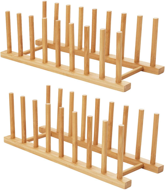 2Pcs Bamboo Dish Plate Bowl Cup Book Pot Lid Cutting Board Drying Rack Stand Drainer Storage Holder Organizer Kitchen Cabinet（Keep Dry）