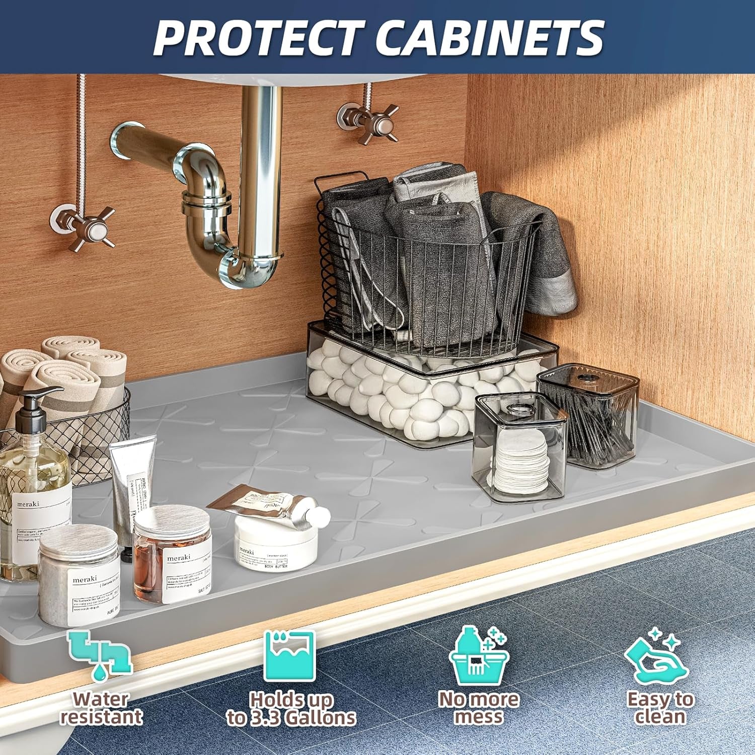 34" X 22" under Sink Mat Waterproof, Silicone Mat Kitchen Drawer Shelf and Cabinet Liner, Sink Protector for Kitchen Organizers and Storage, Boot Tray Pet Food Mats