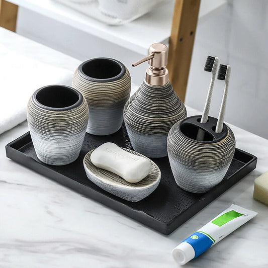 Bathroom Accessory Set 6 Pcs Retro Ceramics Bathroom Vanity Countertop Accessory Set Bathroom Decor Accessories with Soap Dispenser Toothbrush Holder Soap Dish Gargle Cup Tray