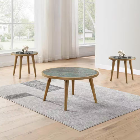 Novato 34 In. round Green Stone Top Coffee Table and 2-End Tables (3-Piece)