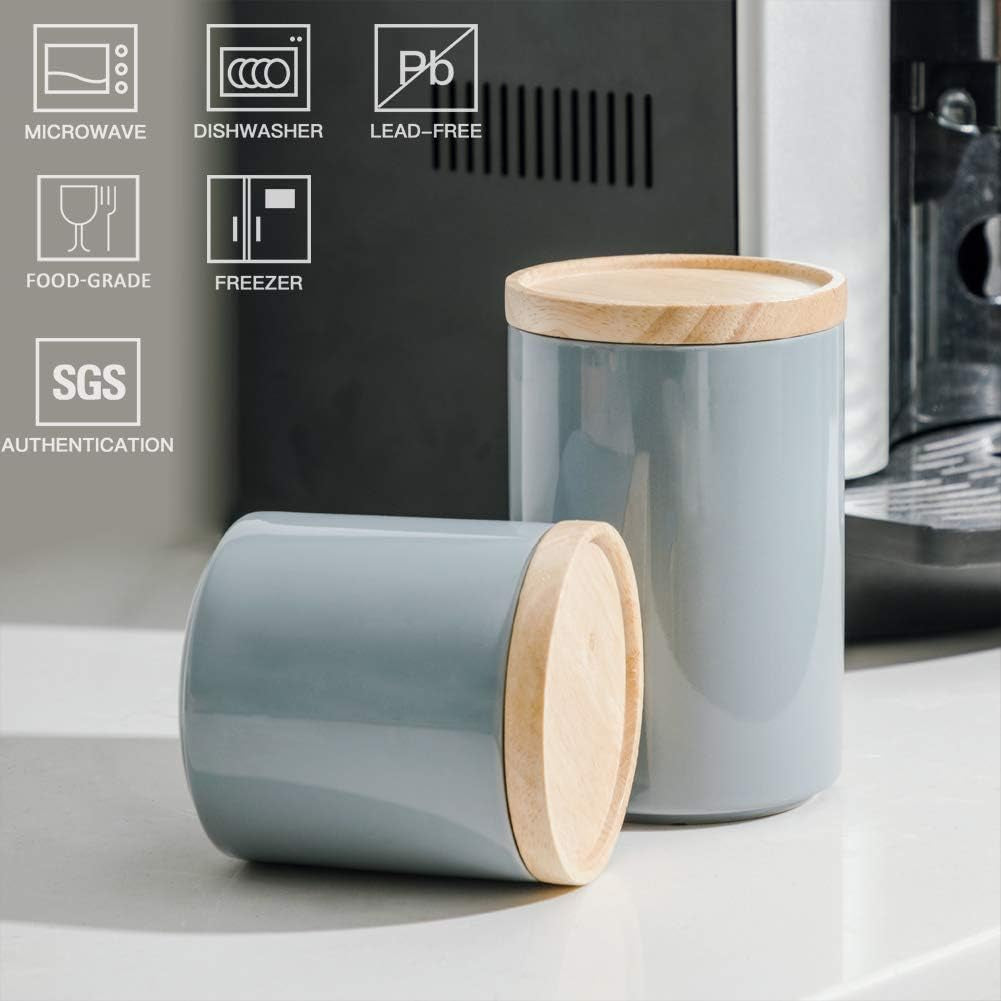 Kitchen Canisters Ceramic Food Storage Jar, Stackable Containers with Airtight Seal Wooden Lid for Serving Ground Coffee, Tea, Sugar, Salt and More - 28 Fl Oz (Gray)