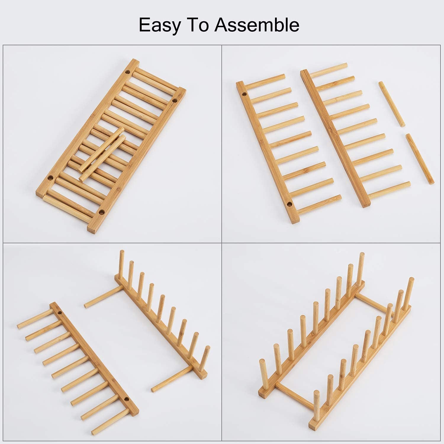 2Pcs Bamboo Dish Plate Bowl Cup Book Pot Lid Cutting Board Drying Rack Stand Drainer Storage Holder Organizer Kitchen Cabinet（Keep Dry）