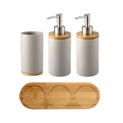 Ceramic Bathroom Accessories Set with Bamboo Tray for Bathroom Kitchen Countertop Includes Soap Dispenser Toothbrush Holder
