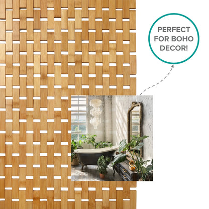 Bamboo Bath Mat |Off- White Wooden Bath & Shower Mat Creates Spa-Like Experience (Easy to Roll Up, Eco-Friendly, 24.75” X 16.5”)