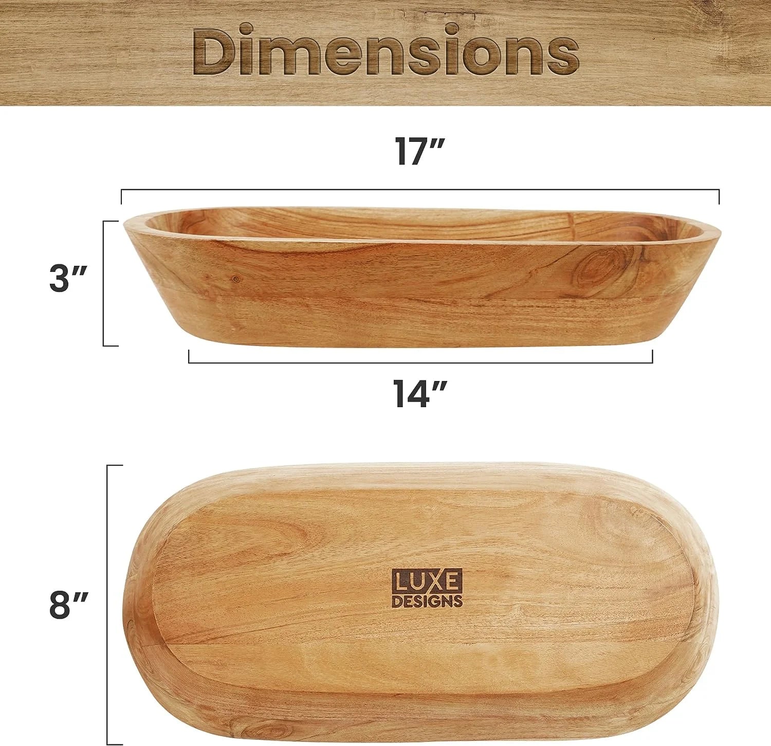 | Handmade Decorative Wooden Bowl for Home, Bathroom and Kitchen Counter | Acacia Wood Large Dough Bowl Fits Cosmetics, Keys & More | 17"L X 3" H X 8" W