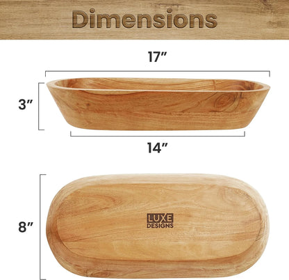 | Handmade Decorative Wooden Bowl for Home, Bathroom and Kitchen Counter | Acacia Wood Large Dough Bowl Fits Cosmetics, Keys & More | 17"L X 3" H X 8" W