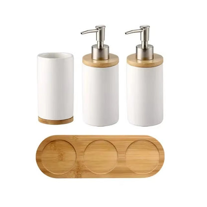 Ceramic Bathroom Accessories Set with Bamboo Tray for Bathroom Kitchen Countertop Includes Soap Dispenser Toothbrush Holder