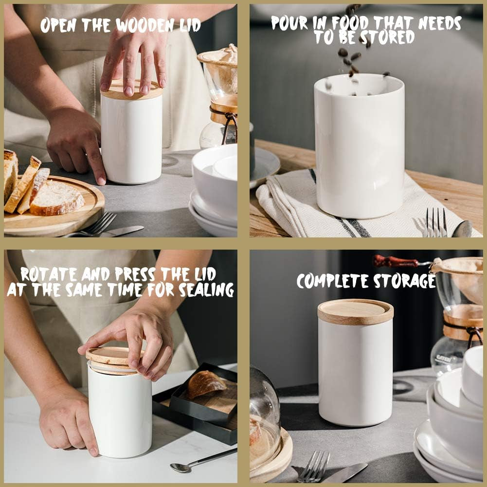 Kitchen Canisters Ceramic Food Storage Jar, Stackable Containers with Airtight Seal Wooden Lid for Serving Ground Coffee, Tea, Sugar, Salt and More - 28 Fl Oz (Gray)