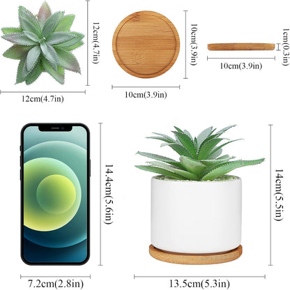 Artificial Succulents Plant, Faux Agave Succulent Plant in Ceramic Pots with Bamboo Tray, Fake Potted Plants for Office Desk Living Room Decor(Set of 2)