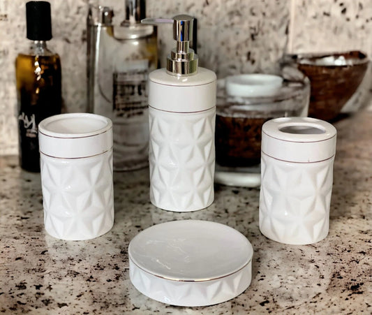 4 Piece Ceramic Bathroom Accessory Set, Toothbrush Holder, Soap Dispenser, Tummbler and Soap Dish